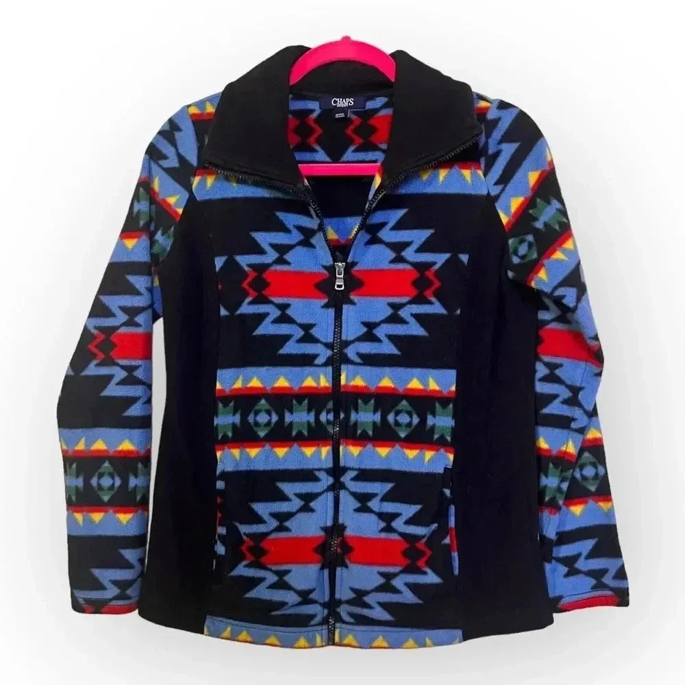 Ralph Lauren Chaps Womens Aztec Southwest Fleece Full Zip Sweater Sz S